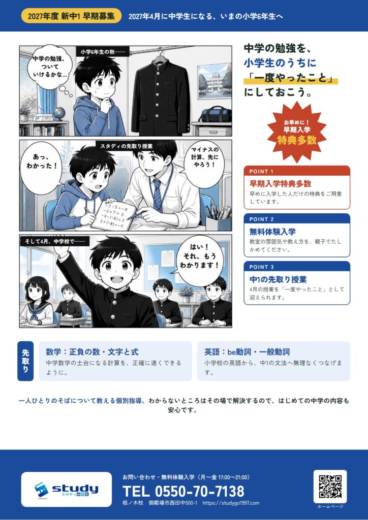 新中1早期募集のポスター。小学6年生が先取り授業でマイナスの計算を学び、中学校の授業で自信をもって手を挙げるまでを描いた3コマのマンガ