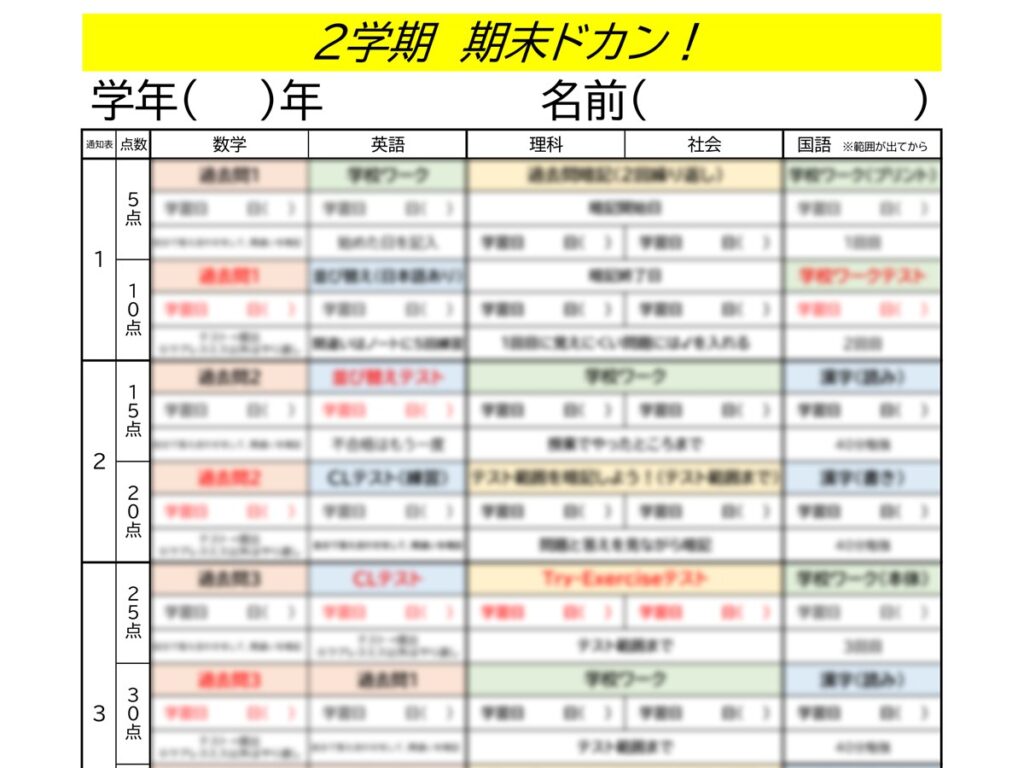 テスト対策で使っている「2学期 期末ドカン！」の表（教科ごとの中身はぼかしています）